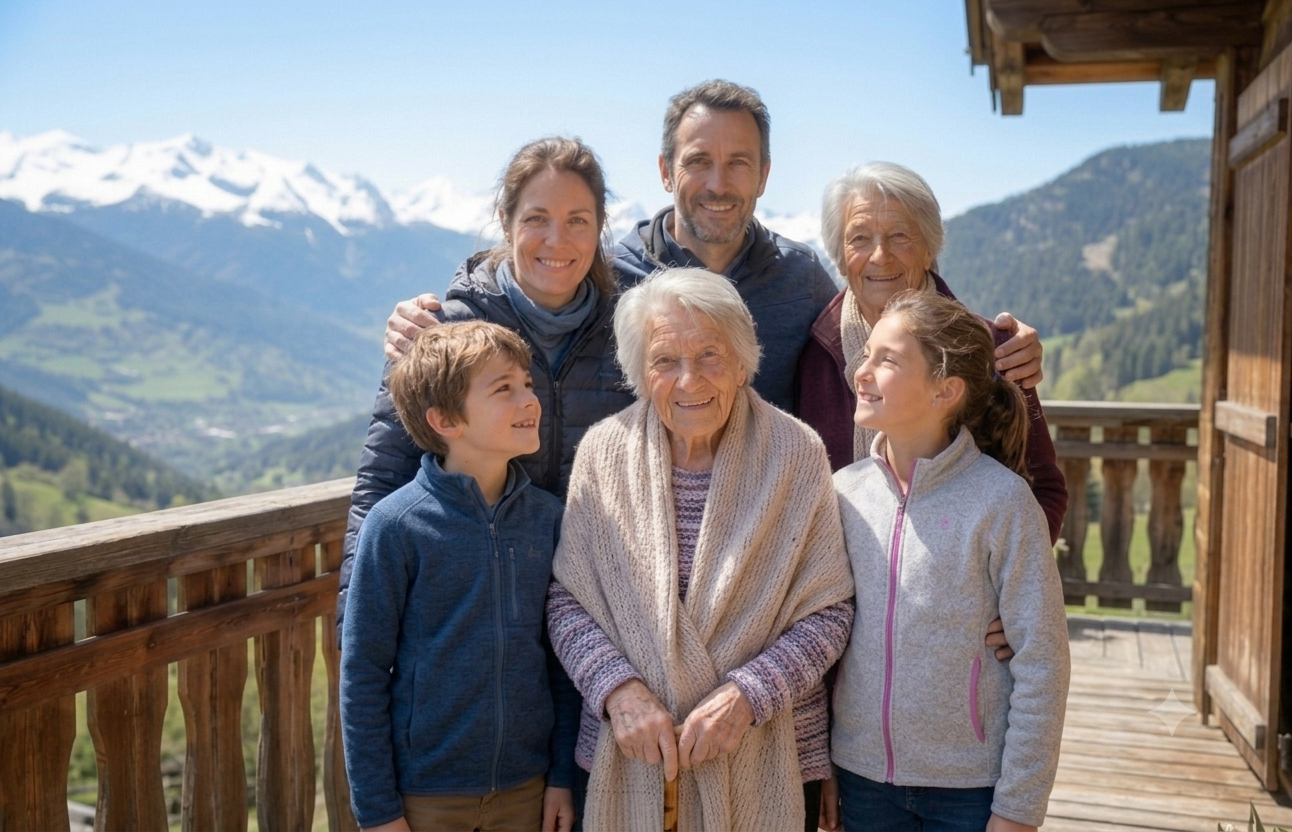 Quatre générations d'une même famille réunies sur un seul portrait : deux enfants, leurs parents, leur grand-mère et leur arrière-grand-mère